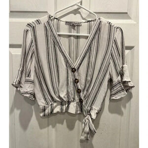 Gypsies & Moondust Women's Juniors' Striped Wrap Blouse Small White Black